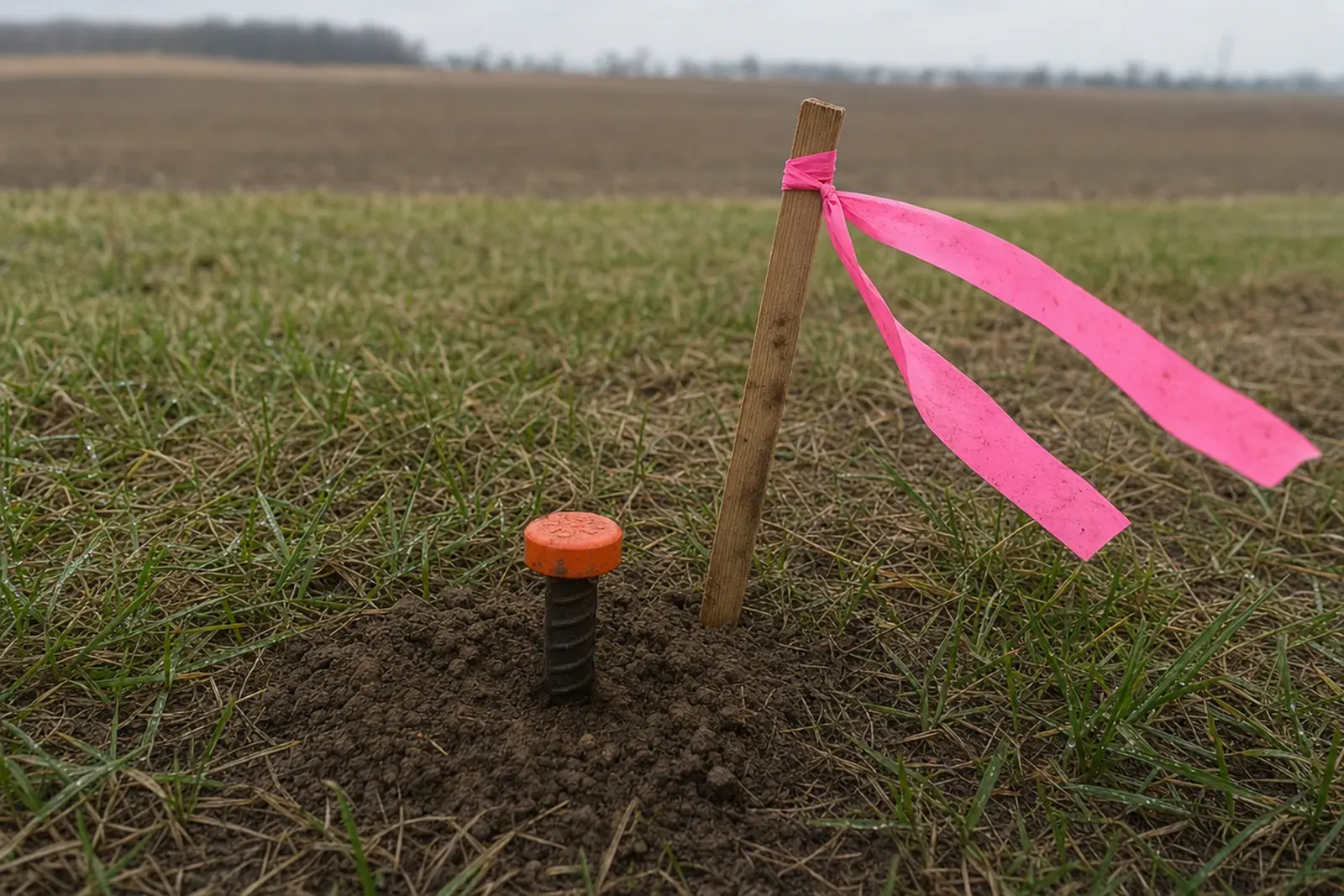 A capped iron pin at a field edge, lath and pink flagging beside it