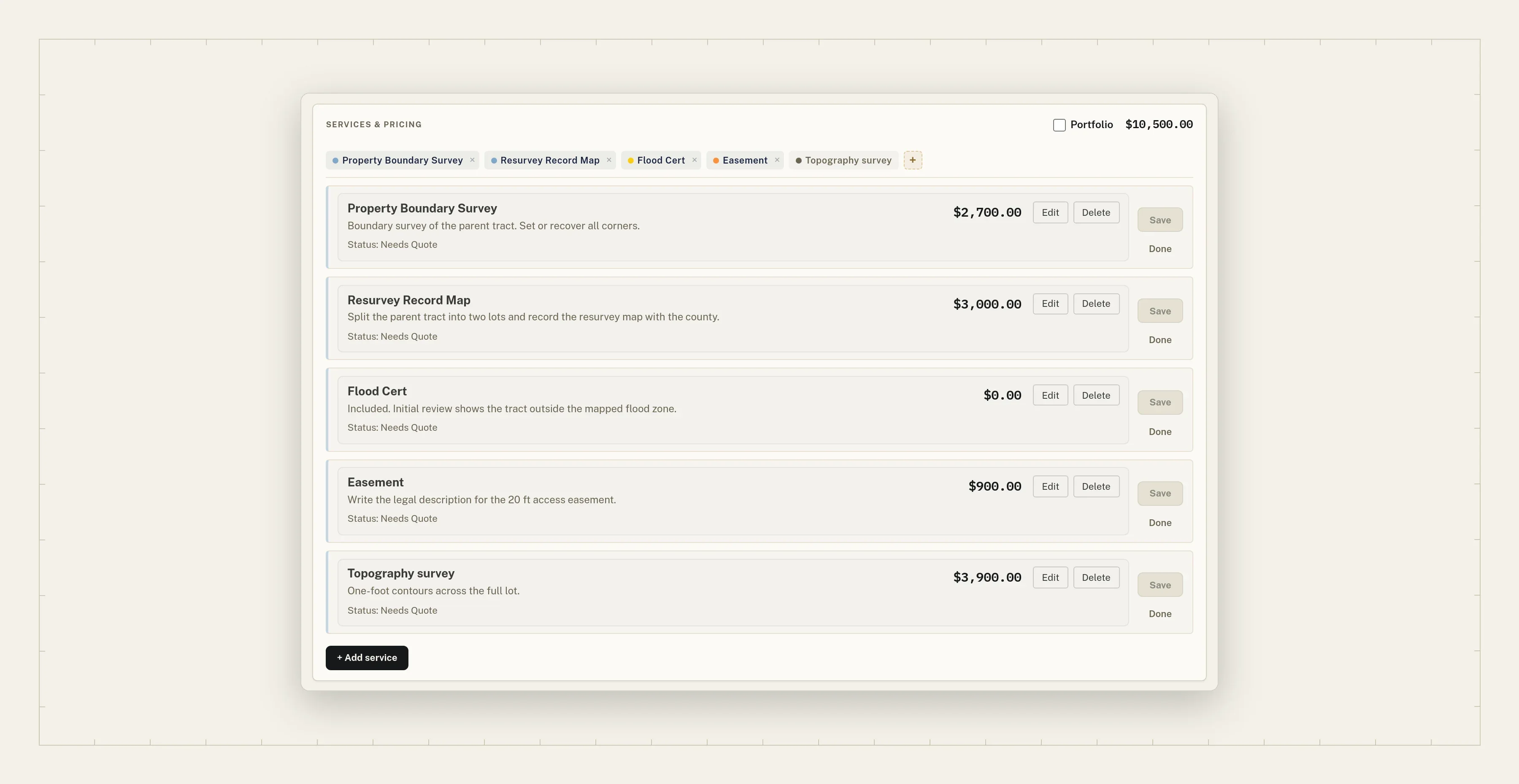 The estimate builder: five services, each priced, with a portfolio total