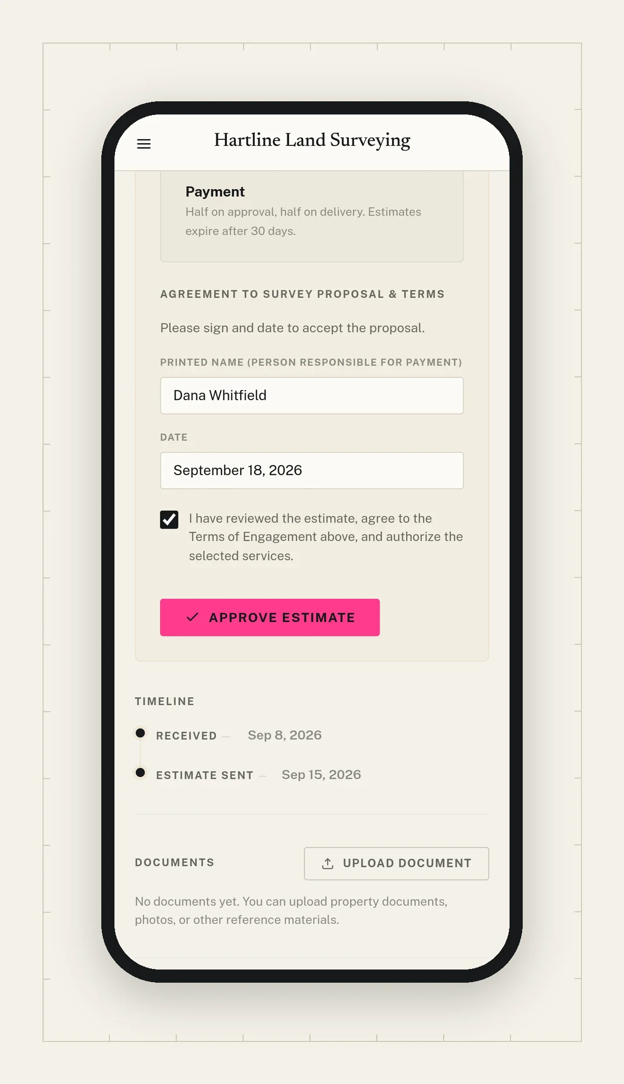 Approve and sign on a phone, with the timeline below