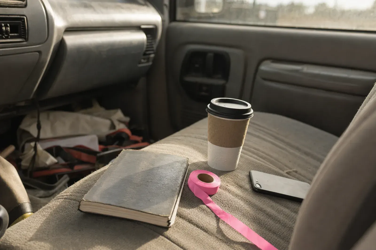 A truck seat: a field book, a roll of pink flagging, a phone face down, coffee