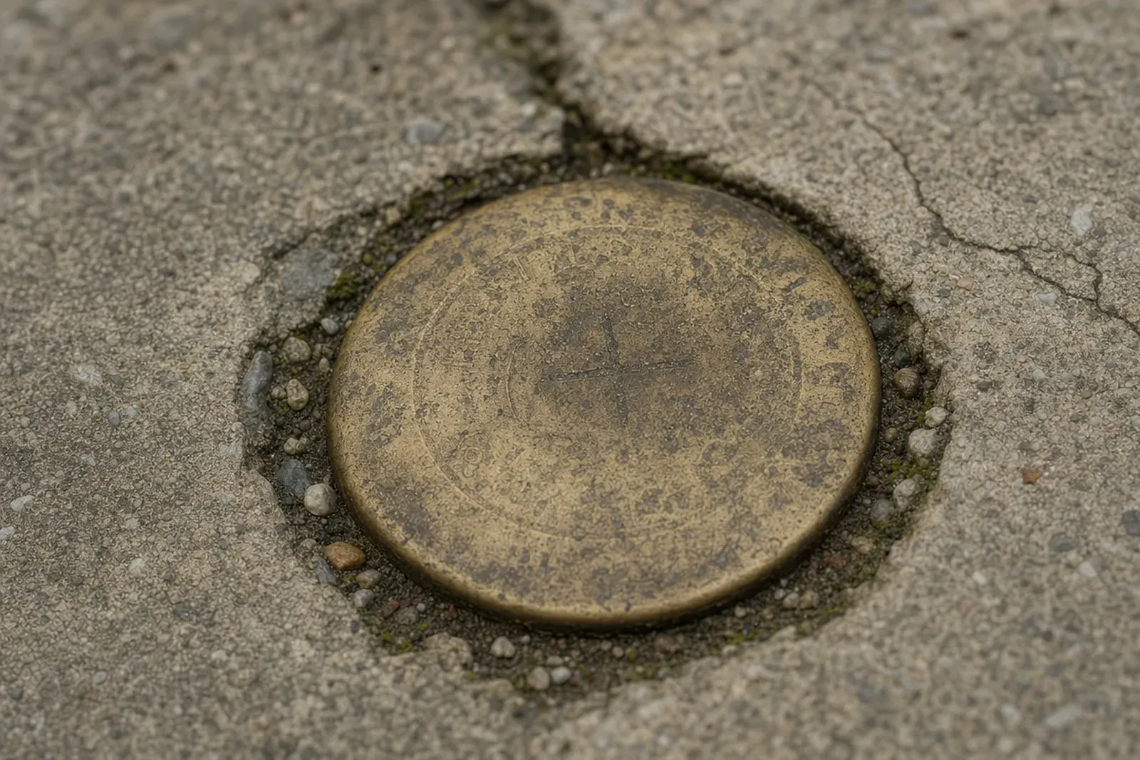 A brass monument cap set in a sidewalk