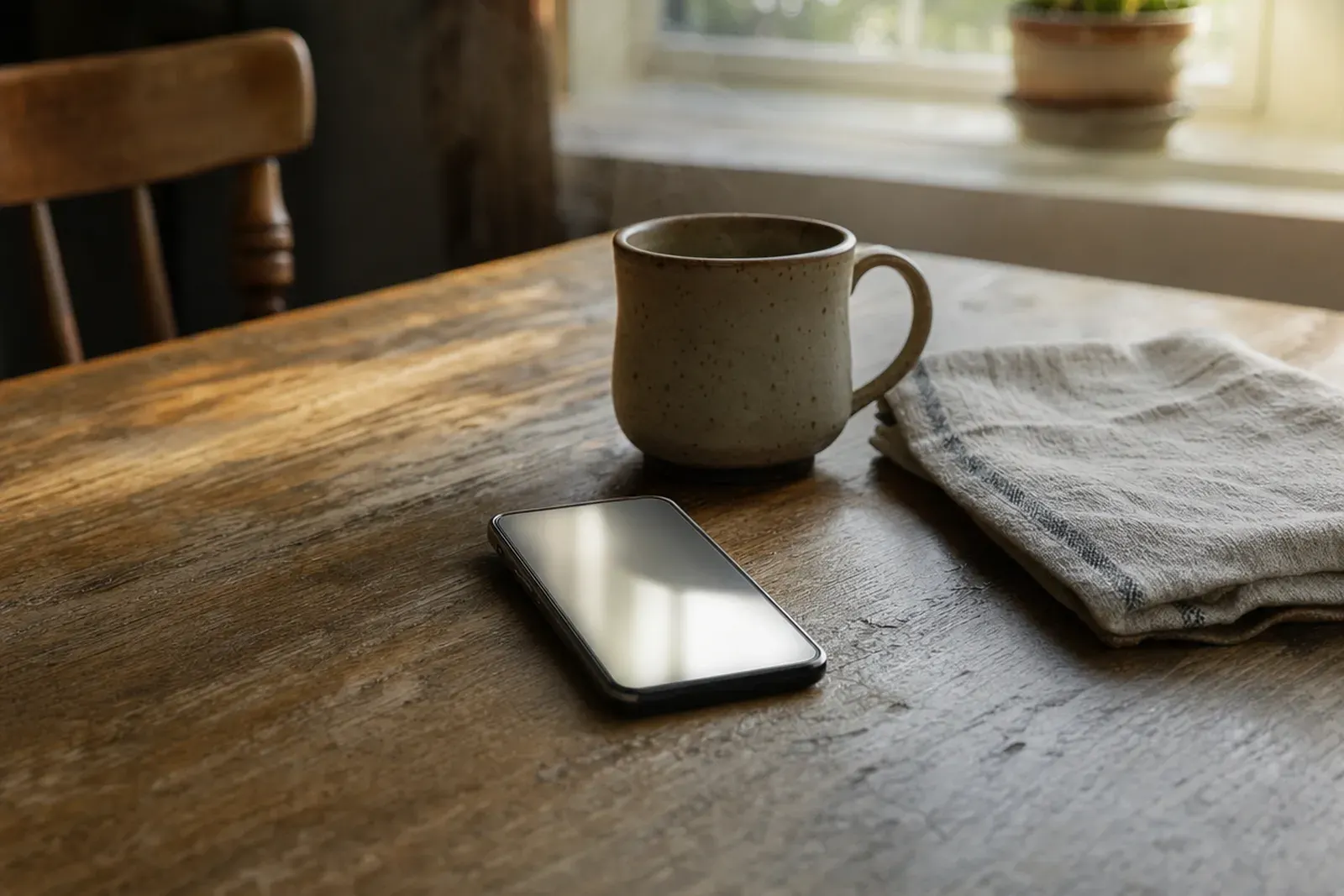 A phone face up on a kitchen table in morning light