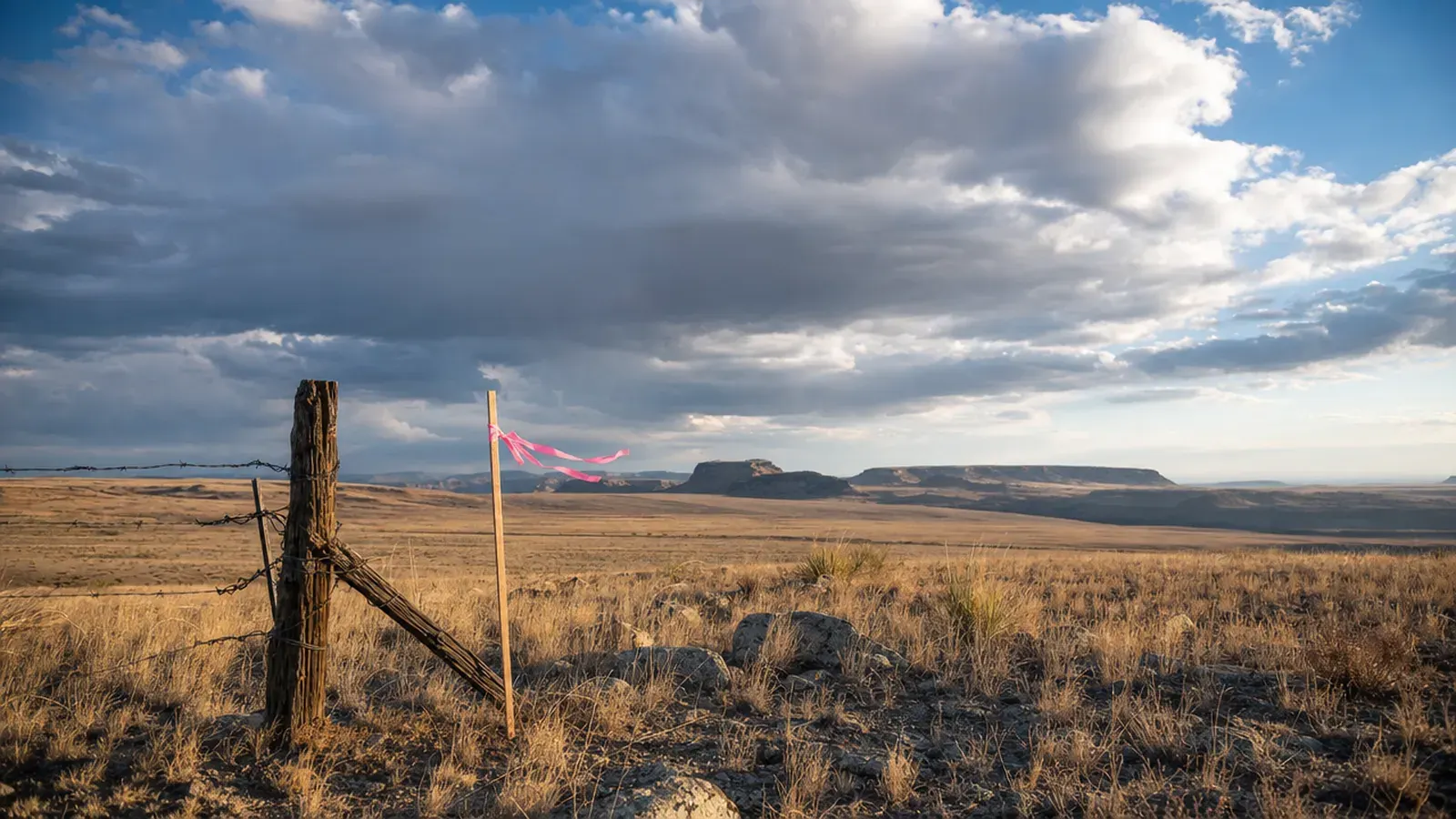 A fence corner post in open rangeland, pink flagging on the lath