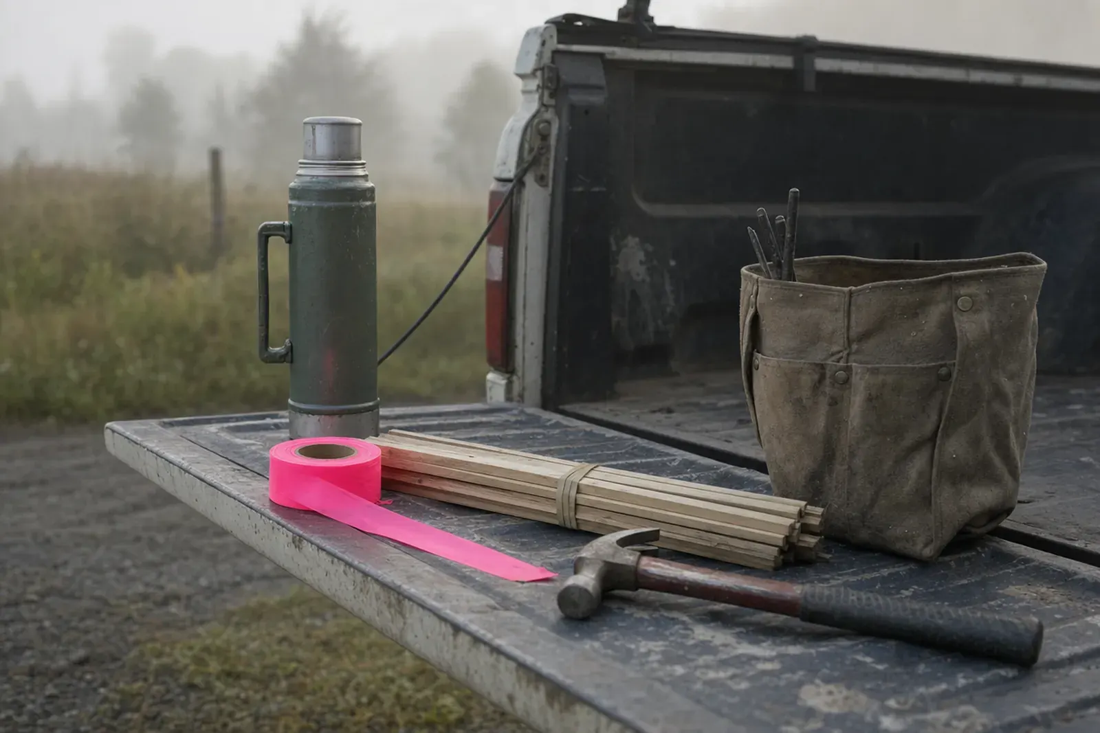 A tailgate at first light: flagging, lath, a hammer, and a bag of pins