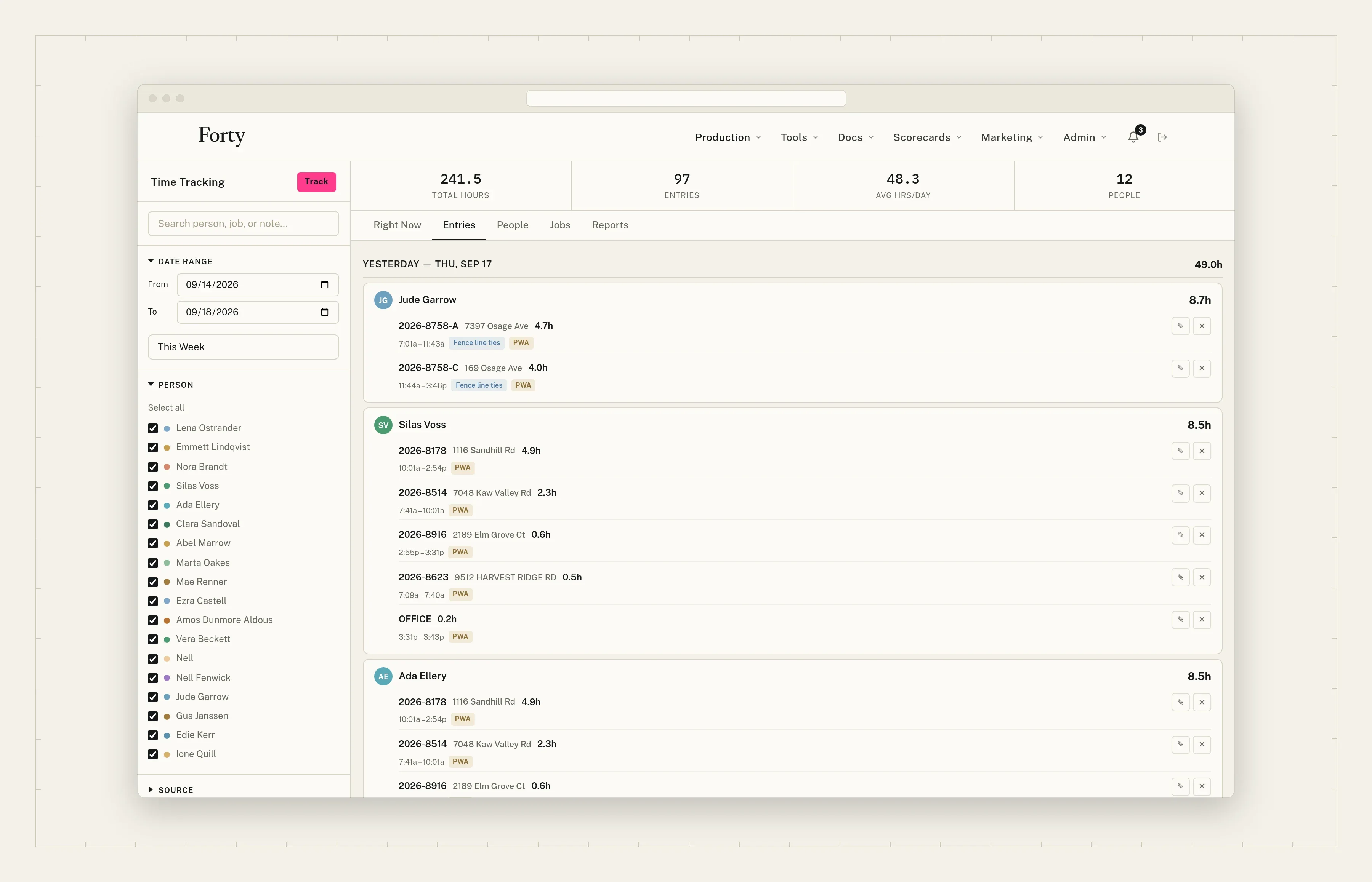 Time entries by day, each against a job