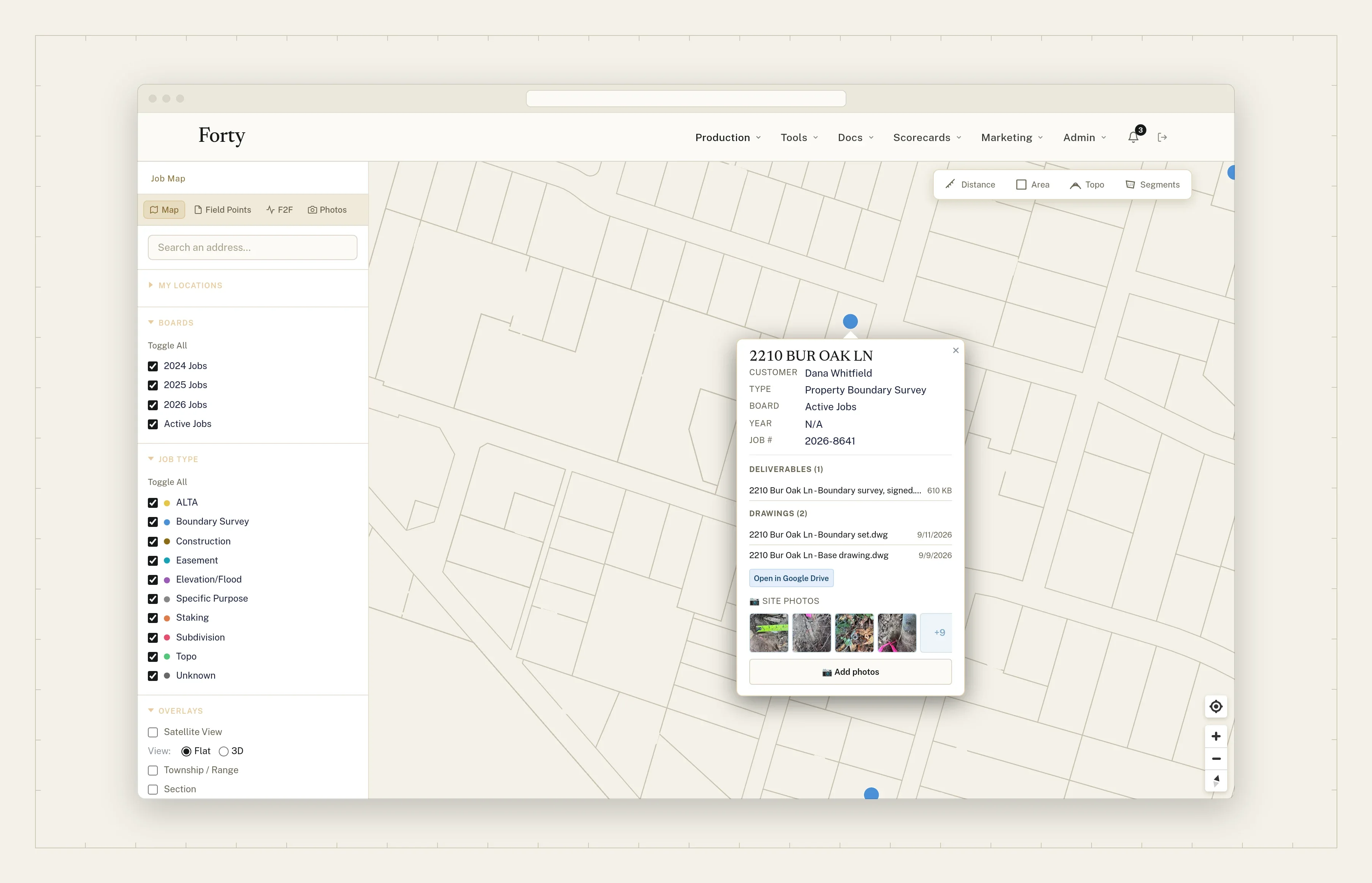 A job opened from the map, with its details and site photos