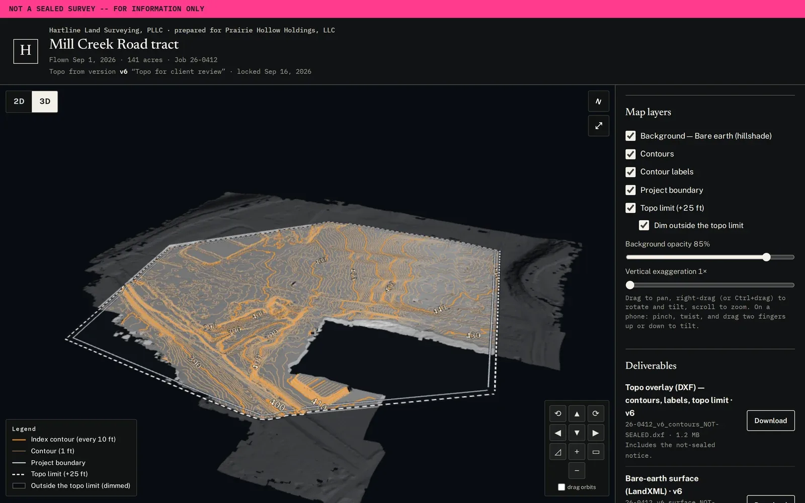 The client link in 3D: contours at elevation on the surface
