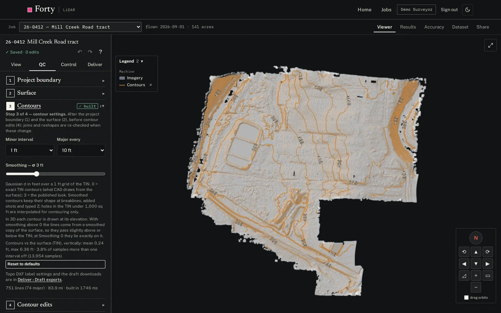 Staff QC: contours over bare-earth hillshade