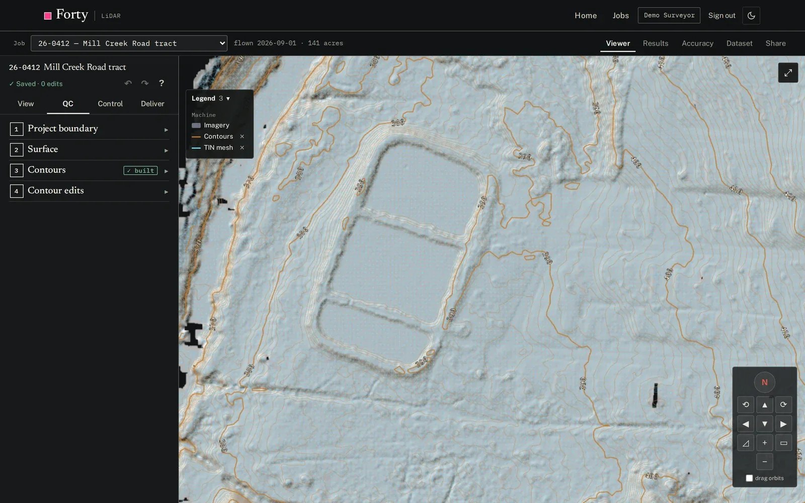 TIN and 1 ft contours around two stormwater basins
