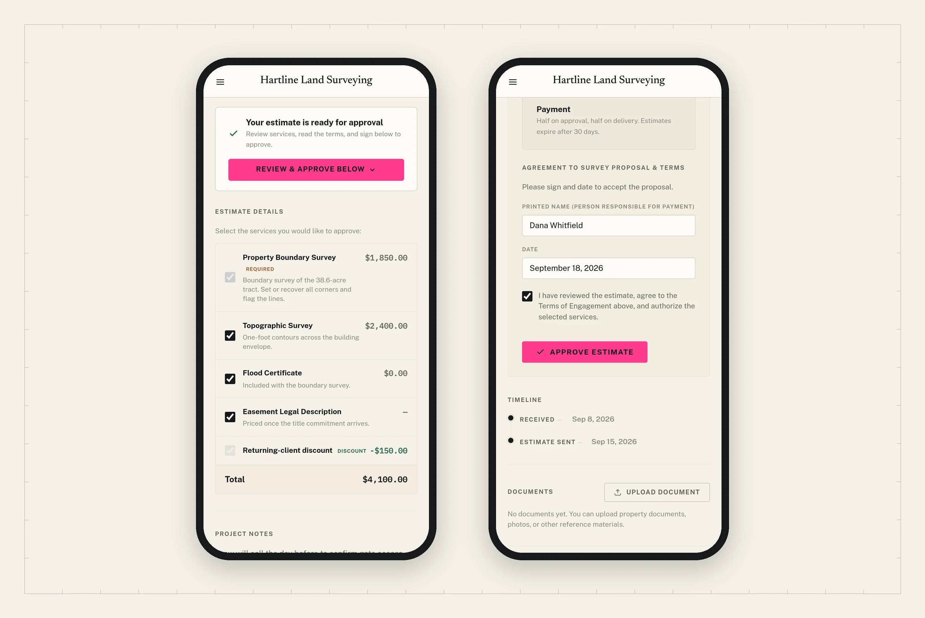 The customer’s quote on a phone: services to approve, a line included at $0.00, a line priced later, a discount, then sign and approve